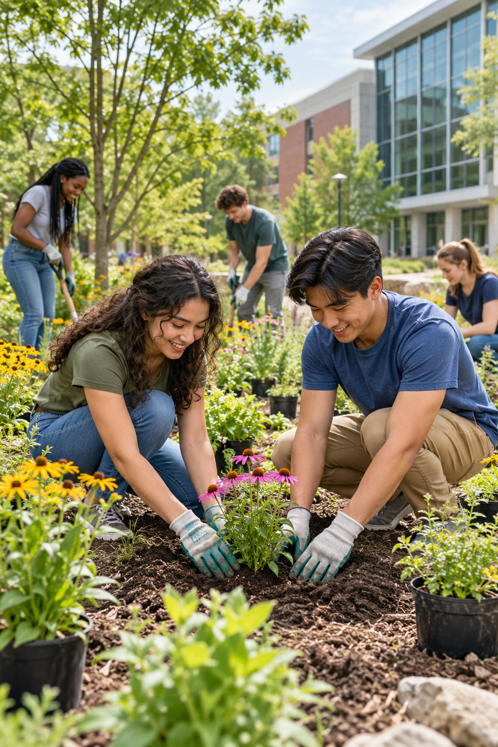 Students planting flowers outside a university building